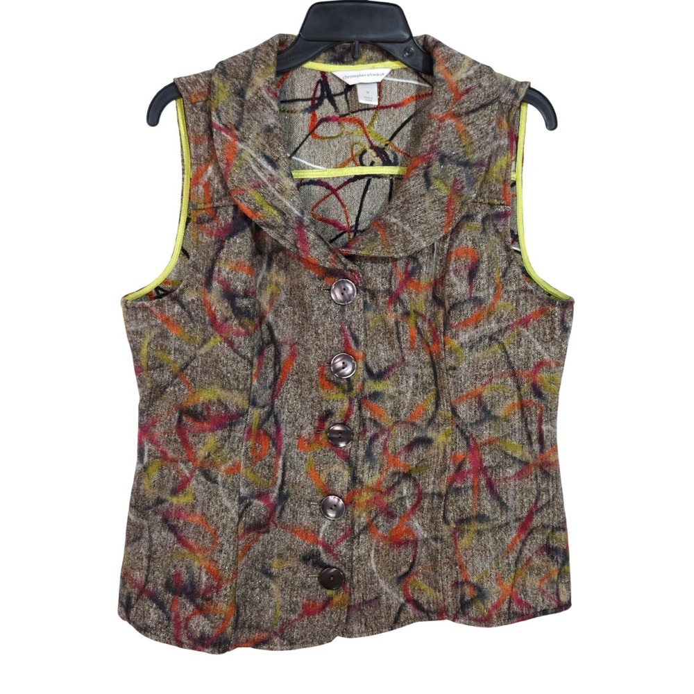 Christopher & Banks Embroidered Abstract Swirl Button Front Vest Medium Colorful